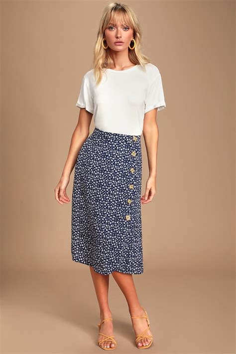 Lovely Navy Blue Skirt Floral Print Button Front Midi Skirt Lulus