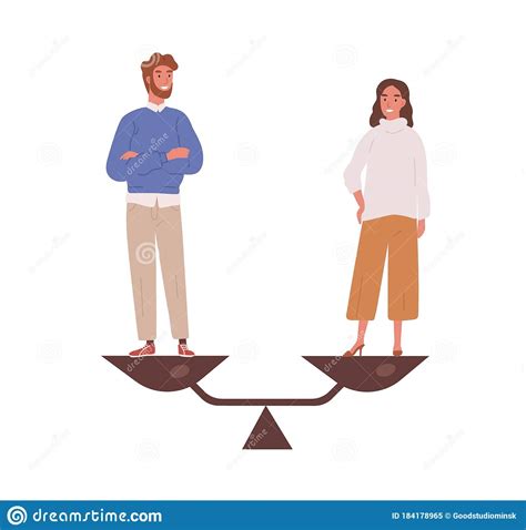 Happy Man And Woman Stand On Weighing Dishes Of Balance Scale Vector