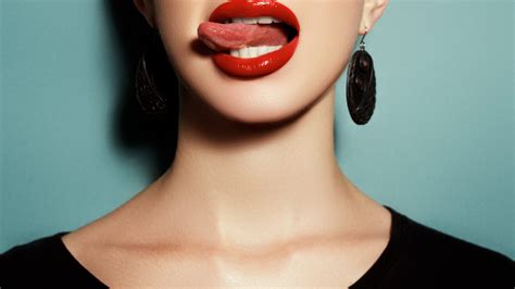 Women Model Face Mouth Open Mouth Red Lipstick Tongues Tongue Out Black Tops Simple Background