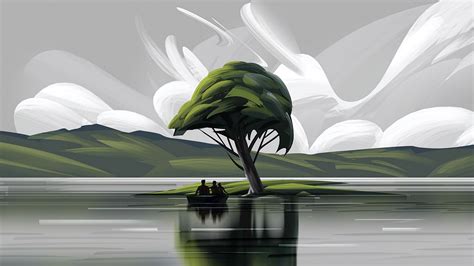 Wallpaper Karya Seni Lukisan Pohon Pegunungan Awan Awan Danau