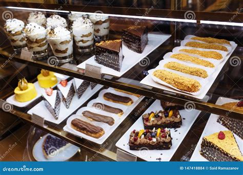 Glass Showcase With A Pastries In The Restaurant Stock Photo Image Of
