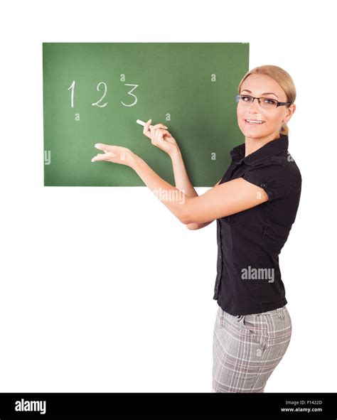 Beautiful Young Teacher Standing Near Chalkboard With Written Numbers