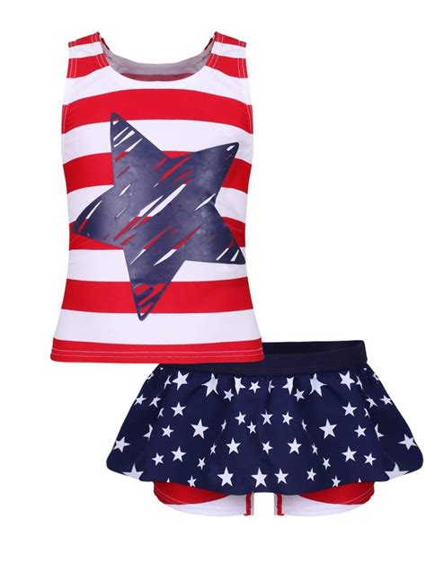 Girls Striped Star Print Skirted Shorts Two Piece Swimsuit Mia Belle