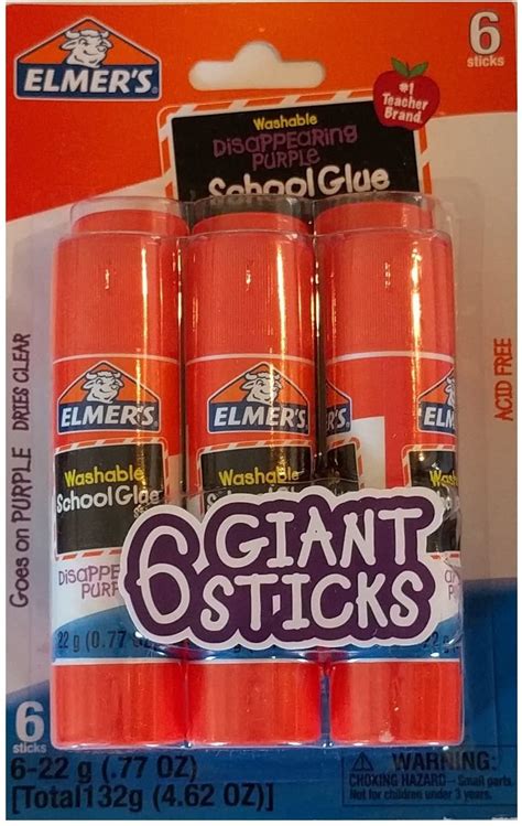 Elmers Washable Disappearing Purple School Glue 6 Giant Sticks Pack