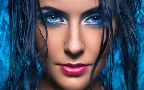 Wallpaper Face Women Model Blue Eyes Red Makeup Closeup Black Hair Fashion Mouth