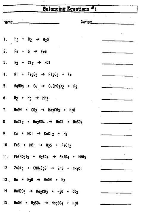 Classify the reactions below as synthesis, decomposition, single replacement, double replacement, or combustion. Balancing Chemical Equations Middle School Worksheets