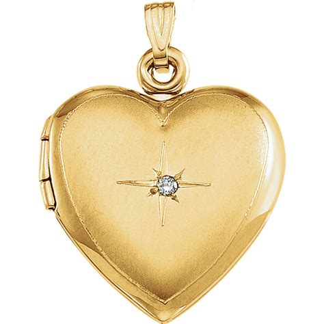 Solid 14K Yellow Gold Heart Photo Locket With Diamond 443PG64728