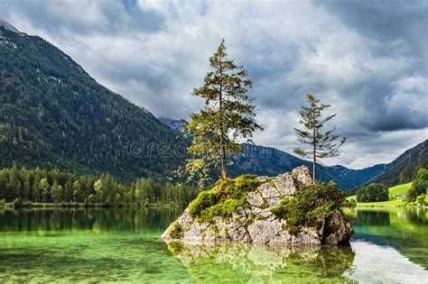 Lake Hintersee With Rock And Trees In The Berchtesgaden Alps Germany