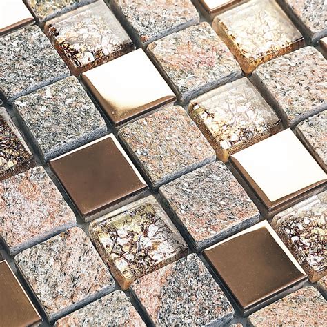 Clear Glass And Stone Mosaic Rose Gold Stainless Steel Tile Backsplash