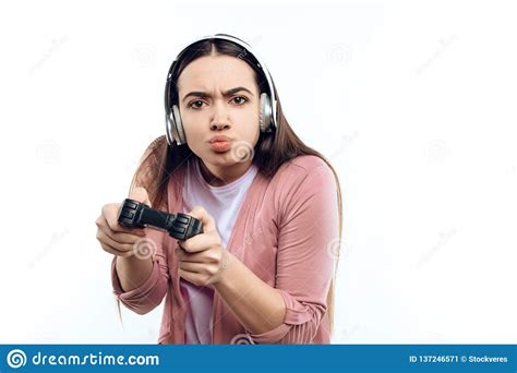 Young Girl Gamer In Headphones With Joystick Stock Image Image Of