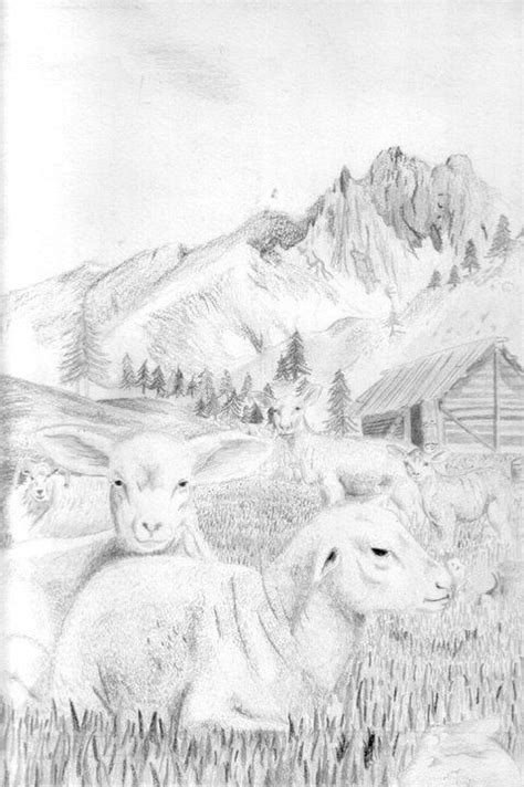 Dibujo a mano alzada hecho con lápiz y carboncillo Paisaje de los alpes con dos corderos Art