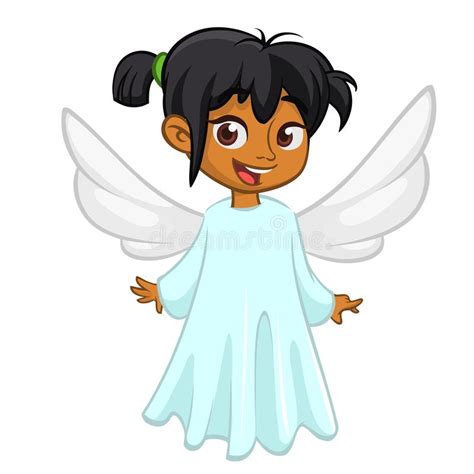 Cute Happy Girl Afro American Girl Angel Character With White Wings Flying Vector Illustration