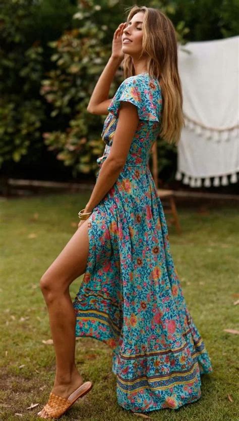 Bohemian Style Short Sleeve Plunging Printed Long Dress Etsy Boho Maxi Dress Beach Maxi