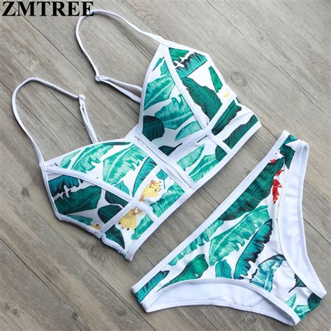 Zmtree New Women Sexy Swimwear Brazilian Print Zipper Bandeau Triangle Bikinis Set Padded