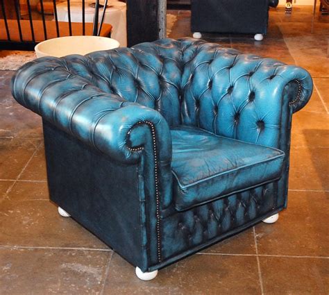 Pair Blue Leather Chesterfield Chairs At 1stdibs