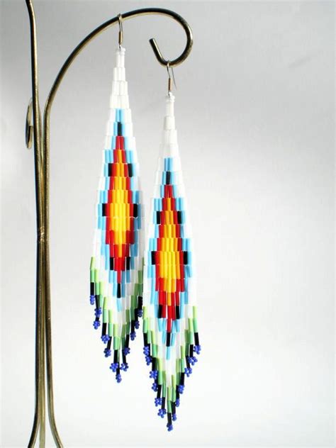 Long Diamond Pattern Bugle Bead Earrings Native American Inspired 45