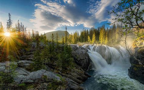 2100x1315 Waterfall Sunset River Forest Sky Nature Landscape Sun Rays