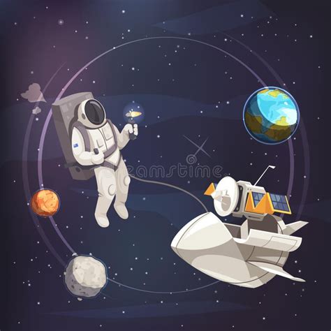 Space Exploration Flat Background Spaceship On Earth Orbit And