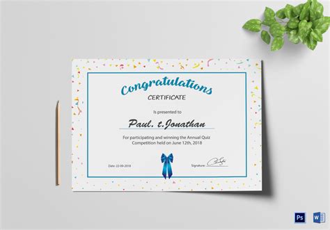 Simple Participant Congratulations Certificate Design Template In Psd Word