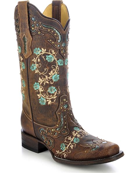 Corral Womens Studded Floral Embroidery Cowgirl Boots Square Toe