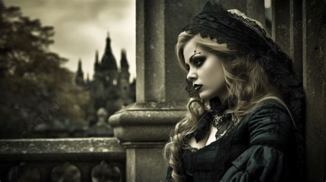 Woman Dressed In Gothic Costume Is Leaning Against A Balcony Background