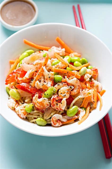 Crayfish Edamame Carrot Noodle Salad With Dressing Stock Photo Image
