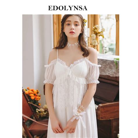 2019 Summer Sleepwear Sexy V Neck Off The Shoulder Lace Ruffed Retro Long Nightgown Wedding