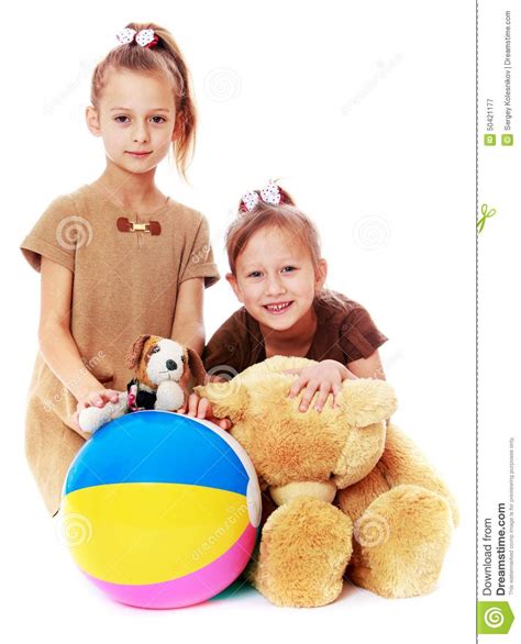 Two Funny Sisters With Toys Stock Image Image Of School Childhood