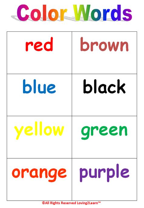 Print Out Color In Words Learning New Words Colors Chart Word Cards