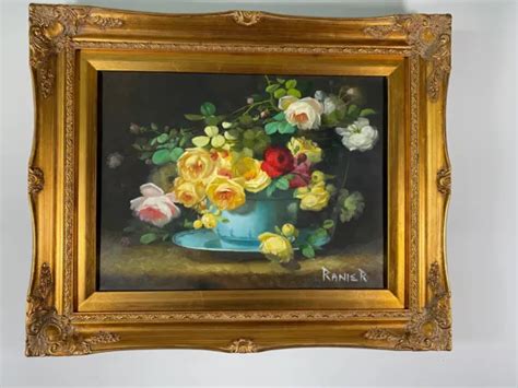 Oil On Canvas Painting Realist Still Life Flowers Gold Frame 175