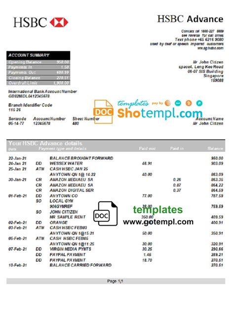 Singapore Hsbc Bank Statement Template In Word And Pdf Format