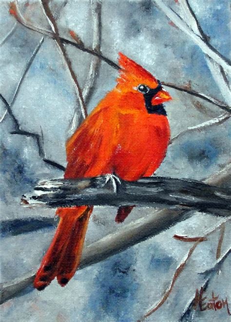 Winter Cardinal Original Oil Painting On 5x7 By Wordweaverart