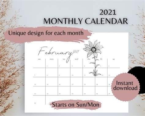 2021 Printable Monthly Calendar Aesthetic Flowers Aesthetic Etsy