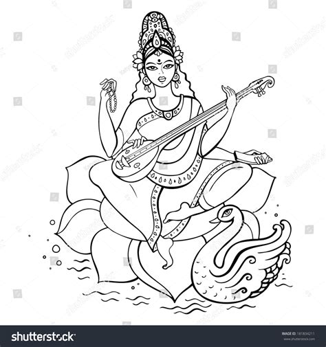 Hindu Goddess Saraswati Vector Hand Drawn Stock Vector
