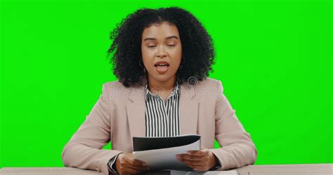 News Anchor Woman Face And Speaker With Green Screen Talking With Notes Reporter Speech And