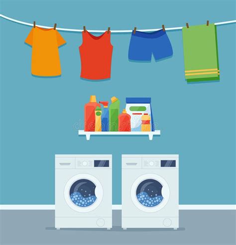 Washing Machine Laundry Basket And Cleaning Products Vector