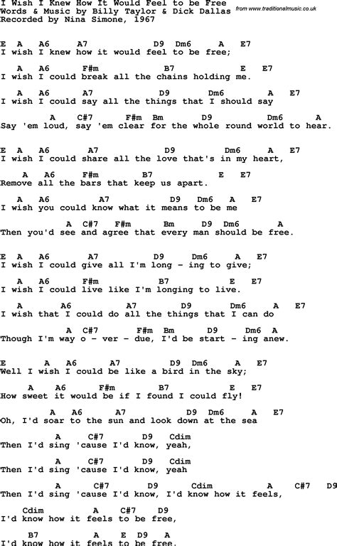 Song Lyrics With Guitar Chords For I Wish I Knew How It Would Feel To