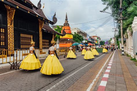 Girls In Festival Costumes On The Street Of Chiang Mai Thailand