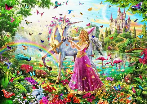 Princess With Unicorn Birds Flowers Blossoms Butterflies Castle