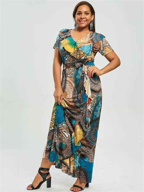 Wipalo Plus Size Print Ruffle Maxi Long Bohemian Dress Gypsy Maxi Dress