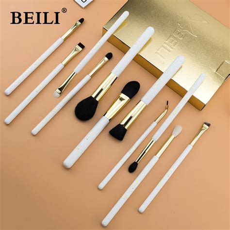 Beili 11pcs Professional Makeup Brushes Set Pearl White Gold Xgf Goat Hair Highlight Eyebrow