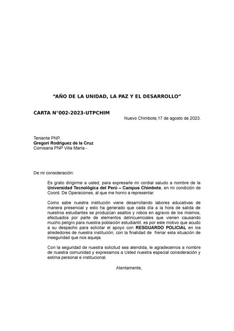 Carta N°002 2023 Ejemplo De Pedido De Resguardo Policial “aÑo De La