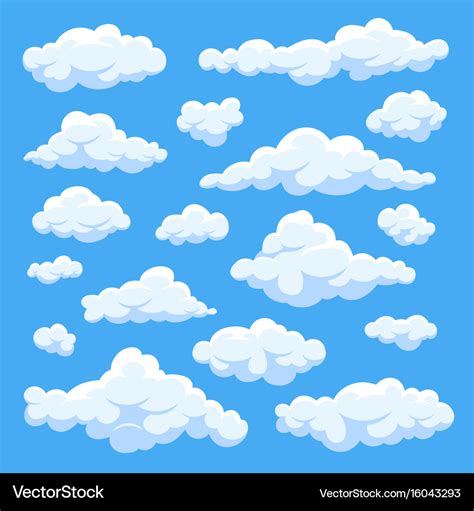 Fluffy White Cartoon Clouds In Blue Sky Set Vector Image