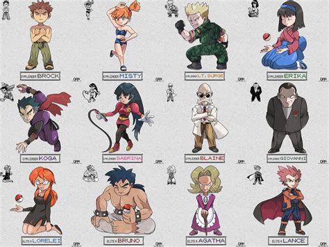 Kanto Gym Leaders And Elite Four By Unknown Dan On Deviantart Kanto Gym Leaders Gym Leaders