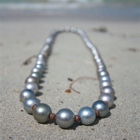Long Pearl Necklace On Leather Tahitian Leathered Pearls Etsy