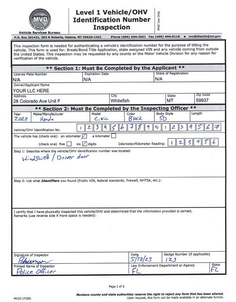VIN Inspection Form — Dirt Legal