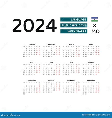 Lesotho Calendar 2024 Week Starts From Monday Vector Graphic Design