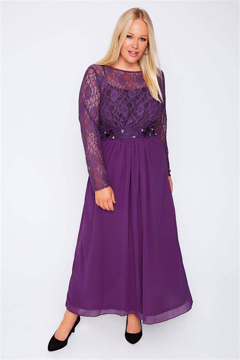Purple Lace Maxi Dress With Embellished Waist Plus Size 16 To 32