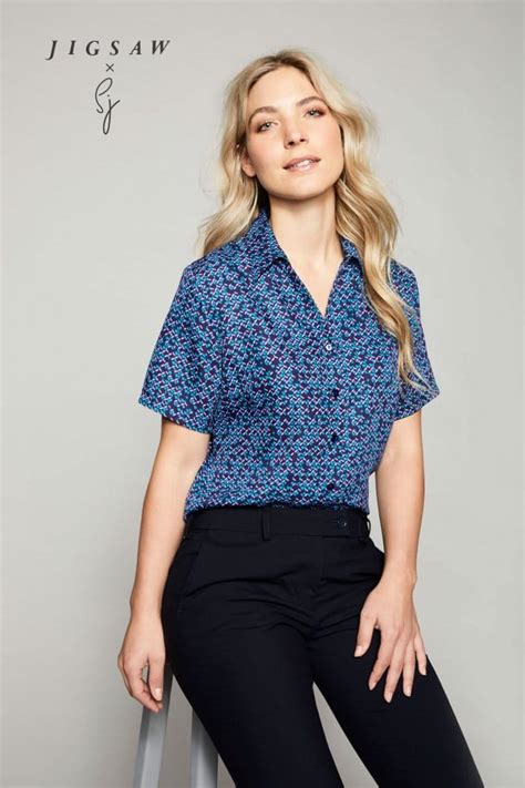 Jigsaw X SJ Short Sleeve Open Collar Blouse Navy Micro Petal SHOP