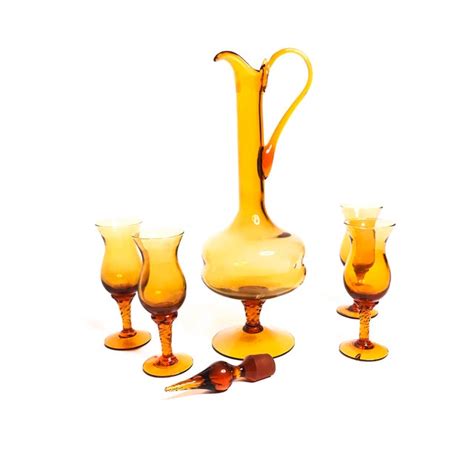 Mid Century Hand Blown Amber Glass Decanter Drinking Set Chairish